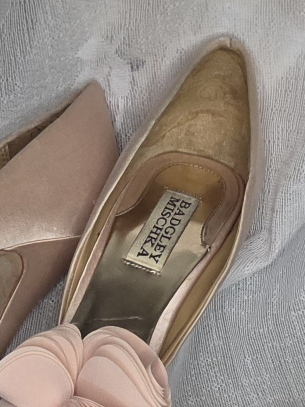 Badgley Mischka Blush Pink Satin Peep-Toe Heels with Floral Accent - Picture 4 of 4